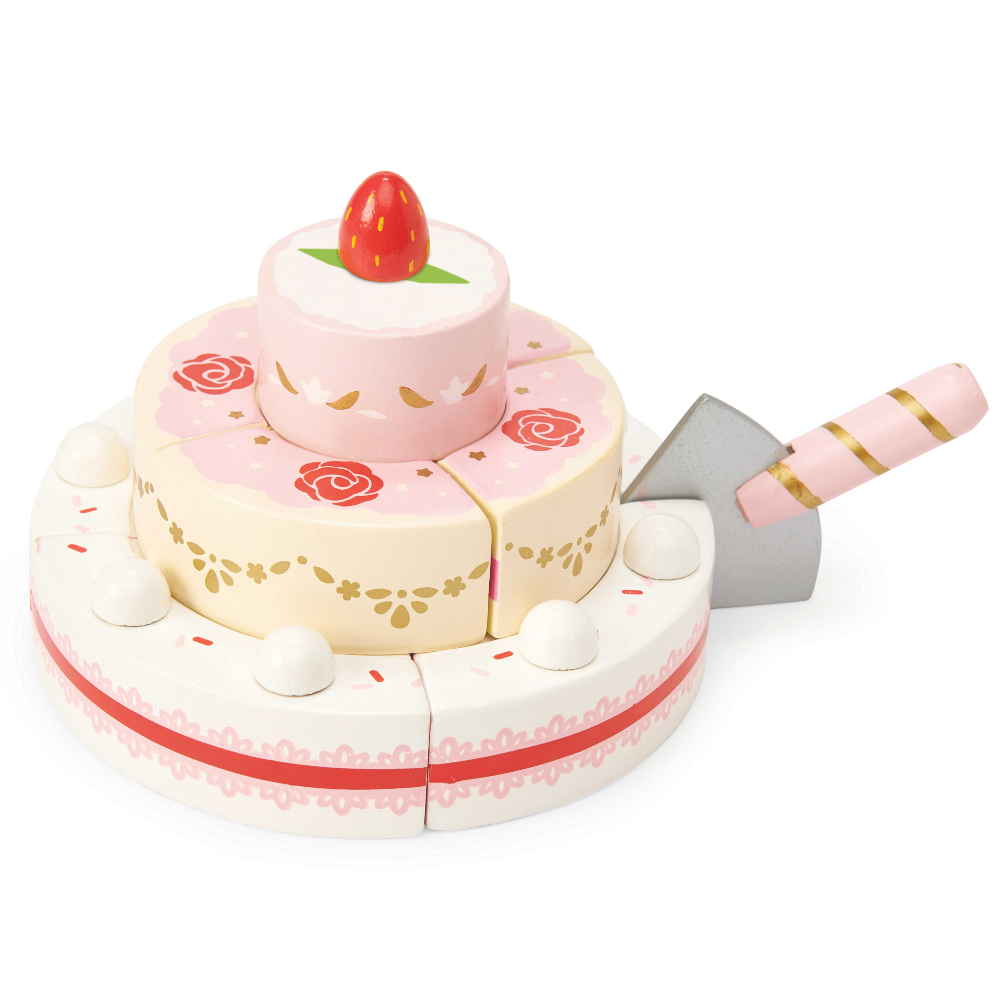 TV329-Party-Celebration-Wedding-Wooden-Toy-Cake-Strawberry-Pink-Gold Le Toy Van Drvena svadbena torta od jagoda - Image 1
