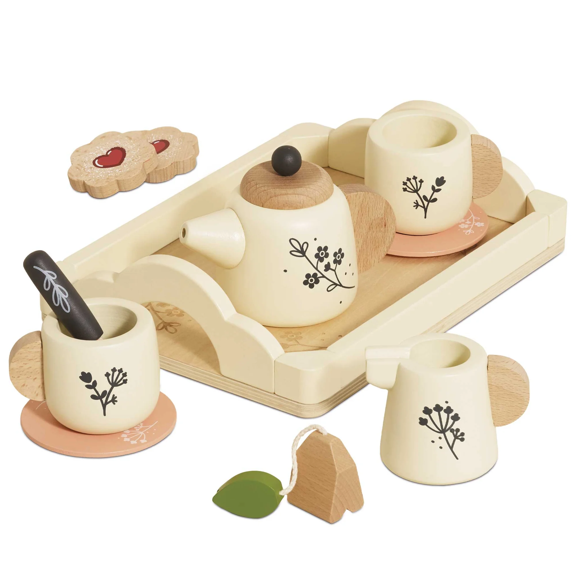 TV281-wooden-tea-pot-cups-milk-tray-spoon-wood-cream-pink-roleplay-toy-kitchen-playfood-teatime-eco-gift-boy-girl_0 Le Toy Van drveni set za čaj - Image 1