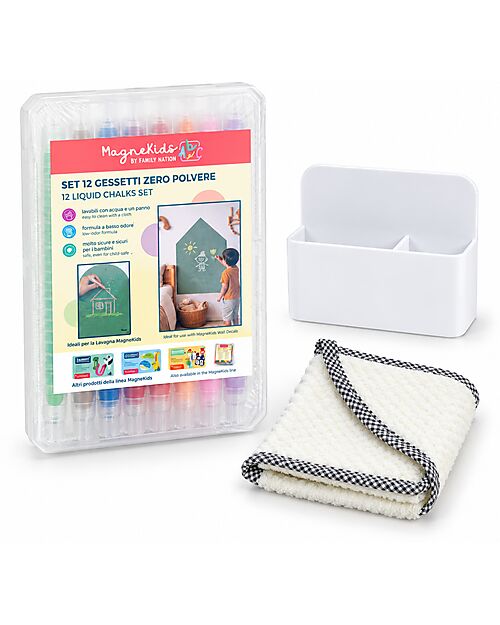 family nation magnekids™ set krede bez prašine + krpa i magnetni držač – 12 kom Family Nation MagneKids™ set krede bez prašine + krpa i magnetni držač – 12 kom - Image 1